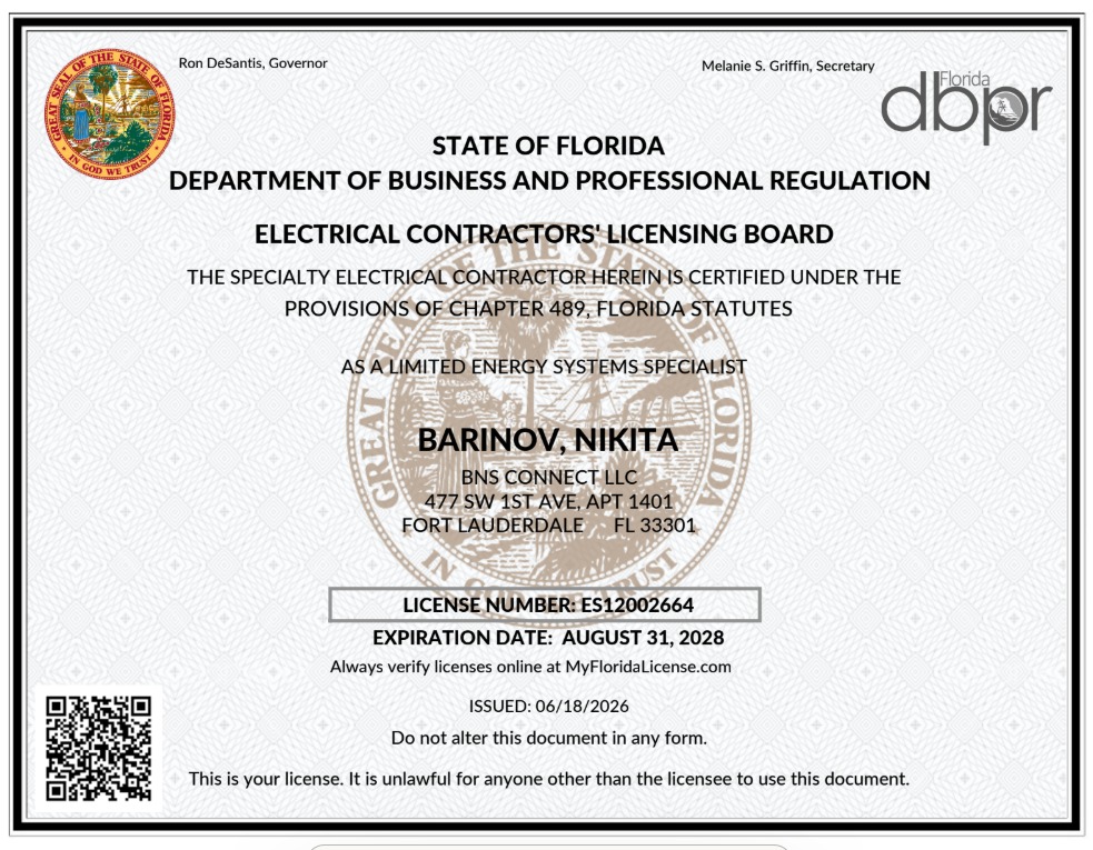 BNS Connect LLC — Florida Limited Energy Systems Specialist license ES12002664